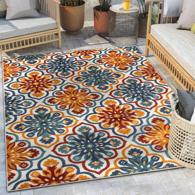 Well Woven Bodrum Indoor Outdoorfloral Panel High Traffic Modern Traditional Carpet Ivory Area Rug