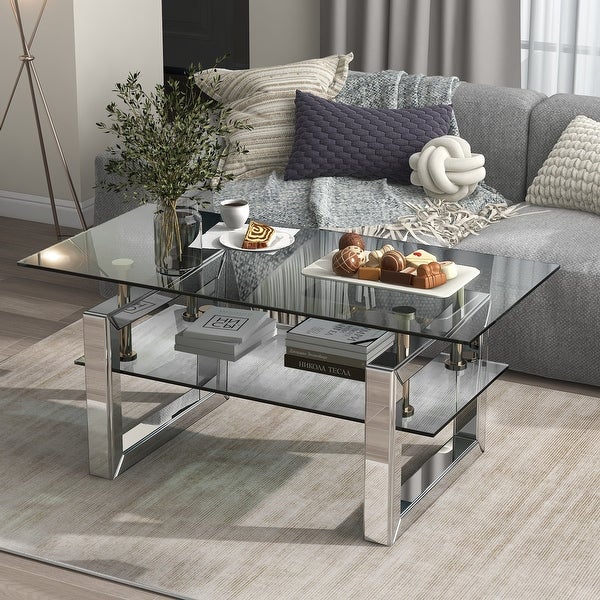 Transparent Tempered Glass Coffee Table with 2-Tier Storage Design， Center Table with Metal Legs for Living Room， Silver