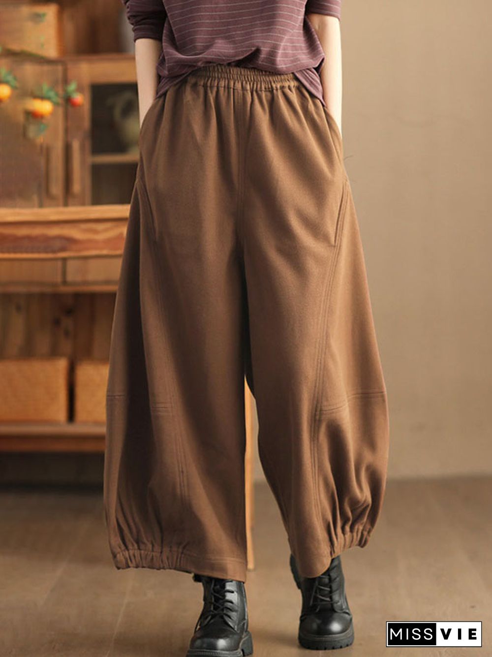 High Waisted Loose Drawstring Elasticity Pleated Solid Color Pants Trousers