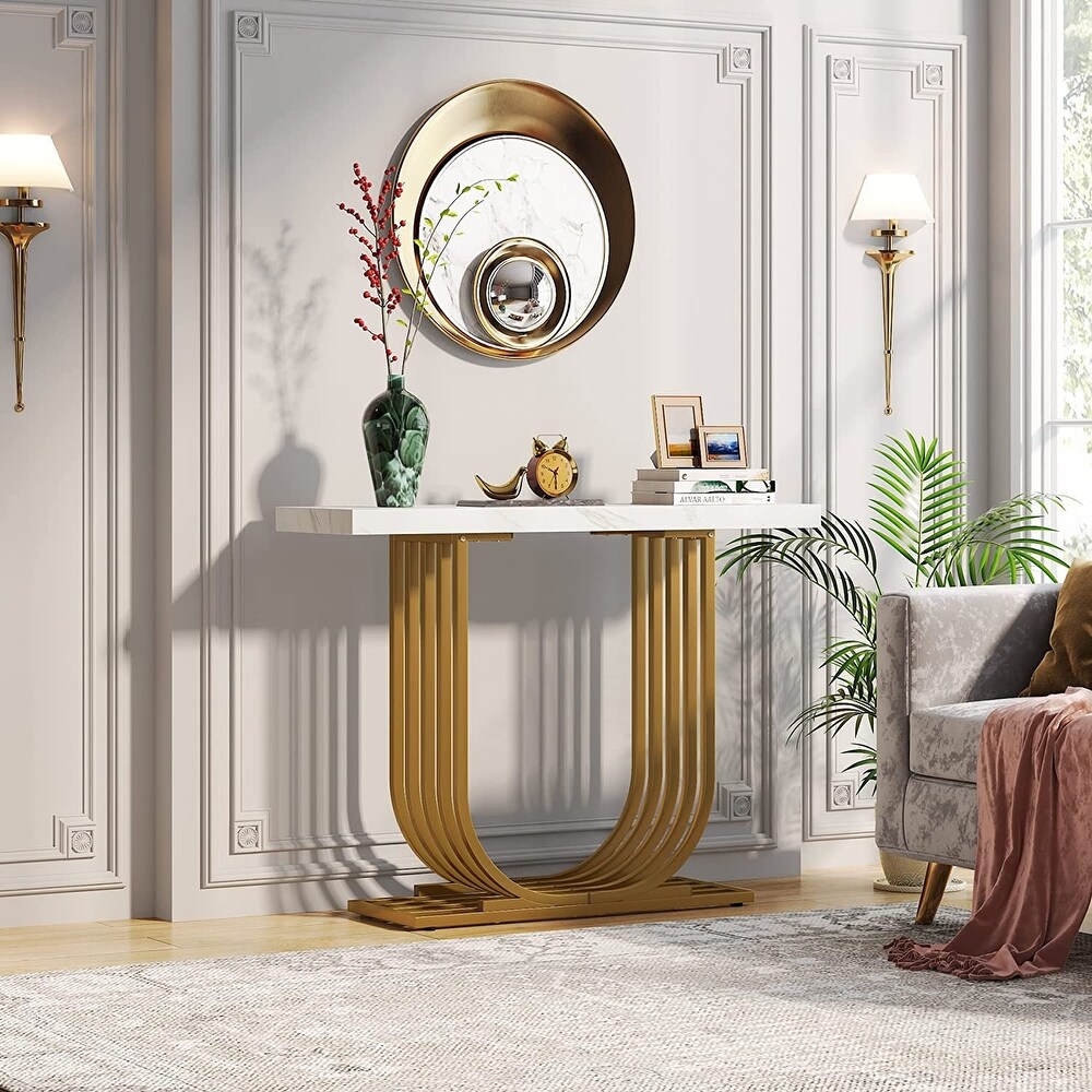 Modern Console Table  Faux Marble Entryway Foyer Table  Sofa Accent Table with Gold Metal Legs