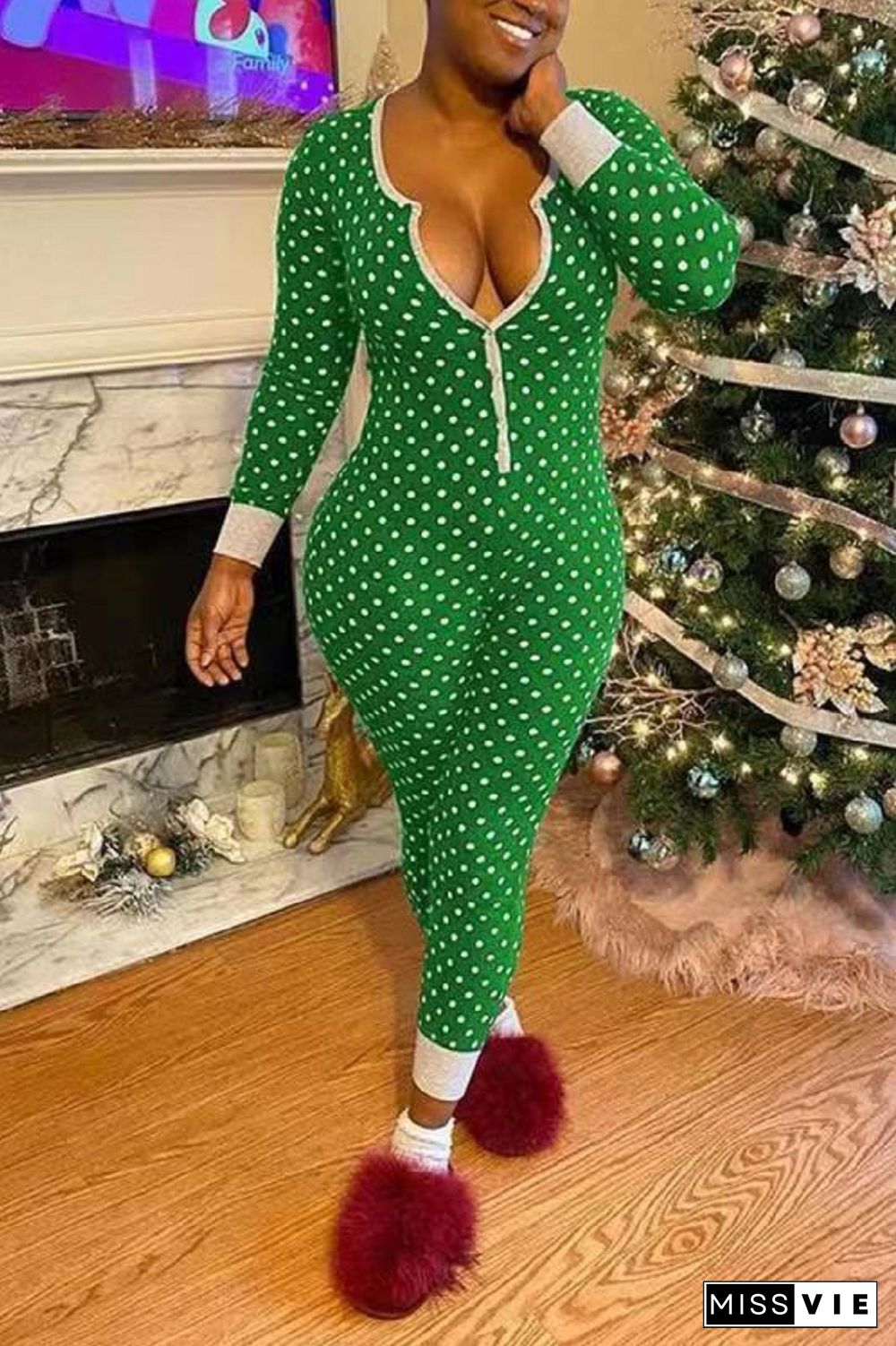 Long Sleeve Low Cut Print Sleepwear Jumpsuit