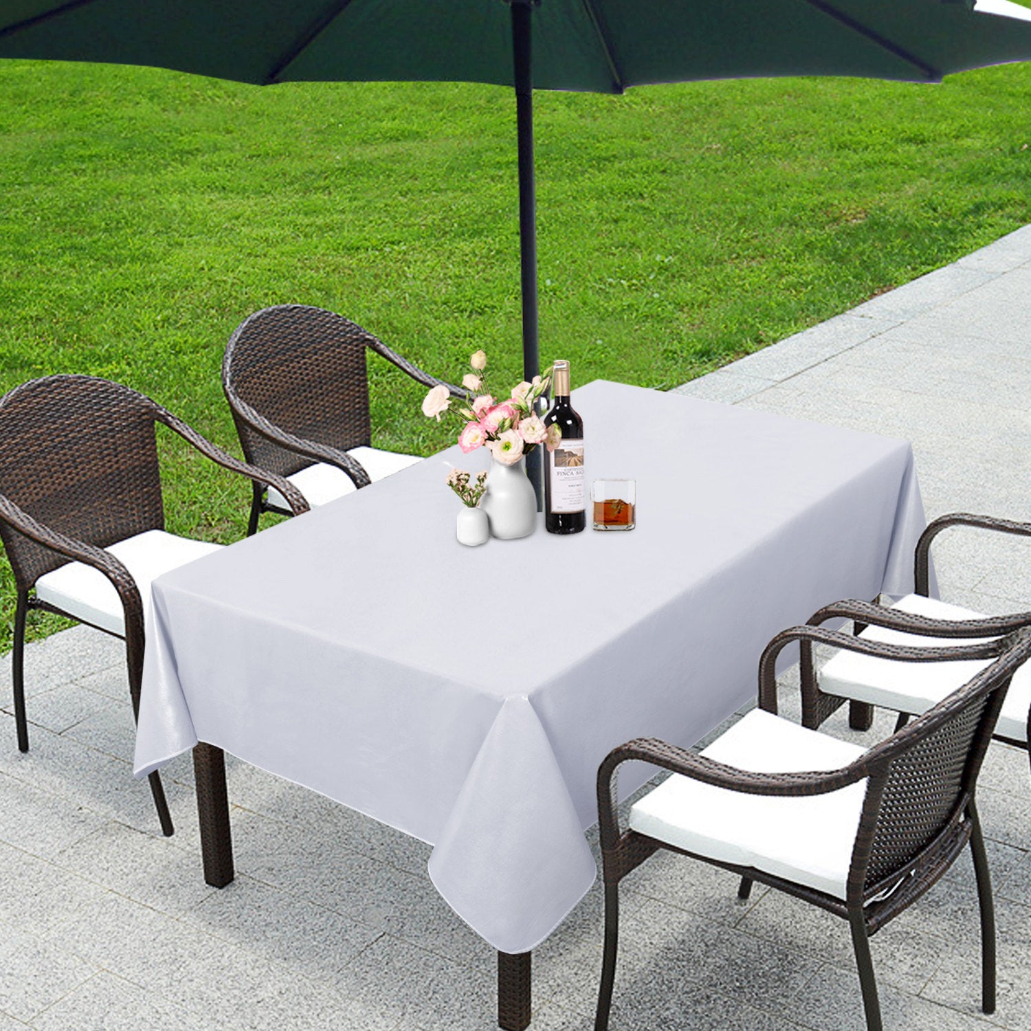 LUSHVIDA 100% Waterproof PVC Outdoor Tablecloth with Umbrella Hole and Zipper-White, 60x84 inch Vinyl Patio Table Cover