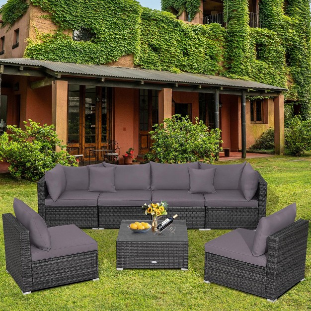 Tangkula 7pcs Patio Rattan Sectional Sofa Set Outdoor Furniture Set W Cushions