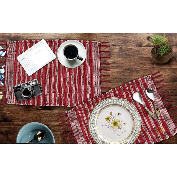 100% Cotton Woven Placemats for Dining Room Rectangle 14''x20'' with Fringes | Set of 6 | Washable