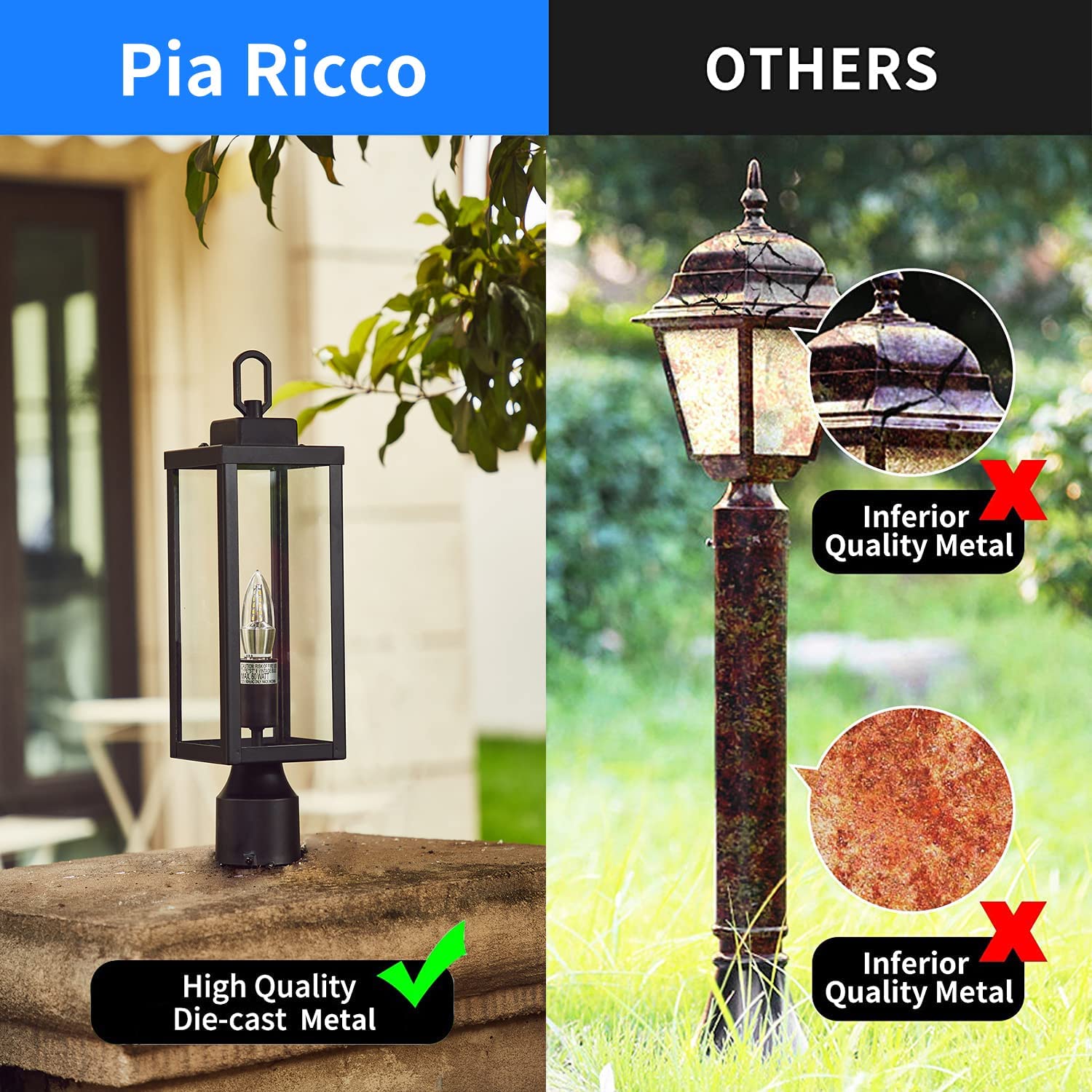 UIXE Outdoor Post Light， Lamp Pole Lantern， Matte Black Exterior Porch Fixtures for Fence Pathway Walkway Patio Lawn Yard