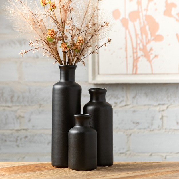 Sullivans Matte Black Set Of 3 Small Ceramic Bottle Vases 5 quot h 7 5 quot h amp 10 quot h Black