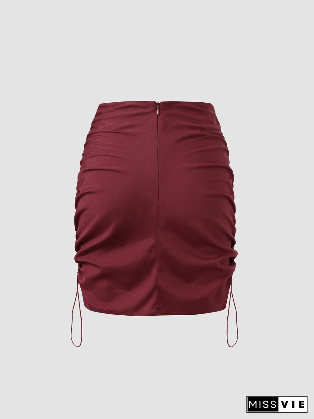 Ruched Drawstring Solid Invisible Zip Mini Skirt For Women