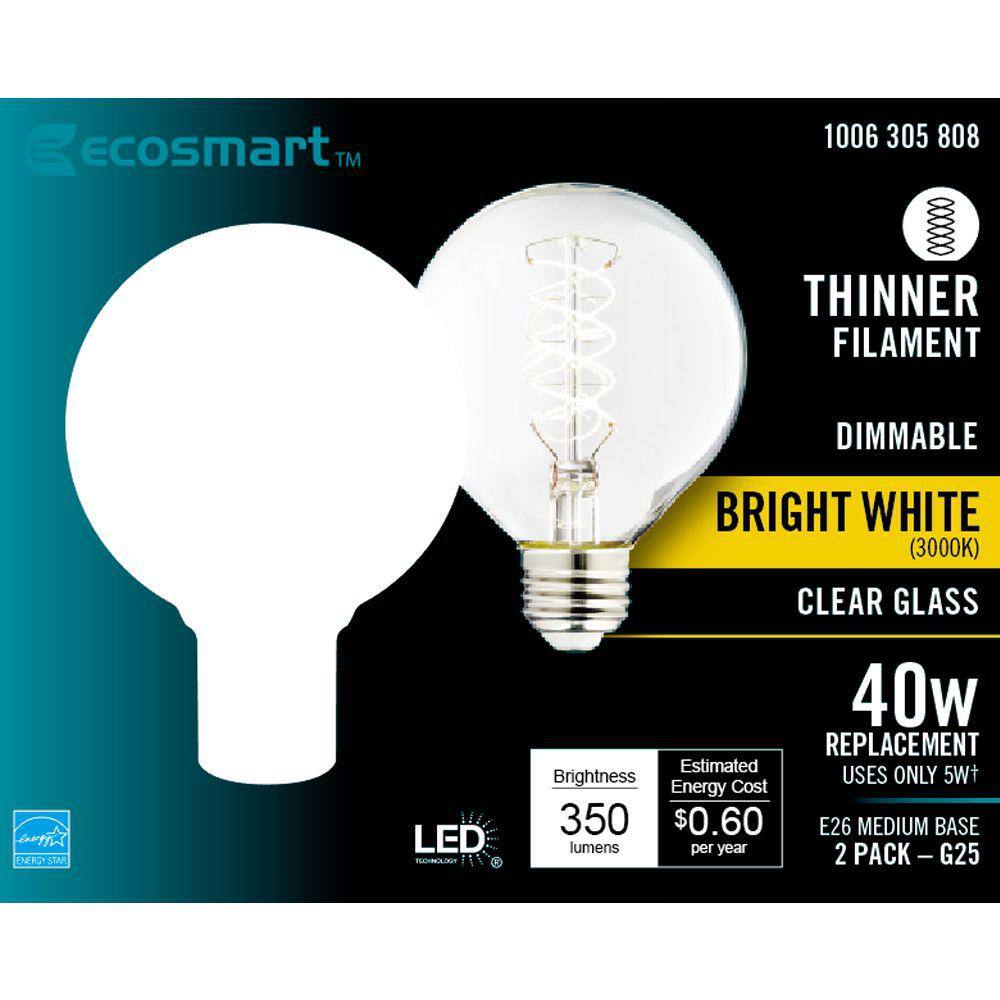 EcoSmart 40-Watt Equivalent G25 Dimmable Fine Bendy Filament LED Vintage Edison Light Bulb Bright White (2-Pack) G25C5E26830S