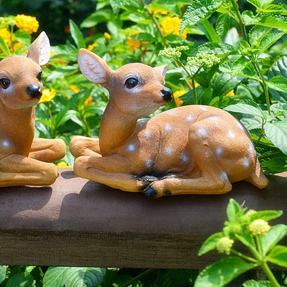 Nvzi Garden Resin Deer Figurine, Outdoor Garden Statue Deer Lying Down Sculpture Ornaments 6.7x4.5in, Polyresin, Full Color(2 Pcs )