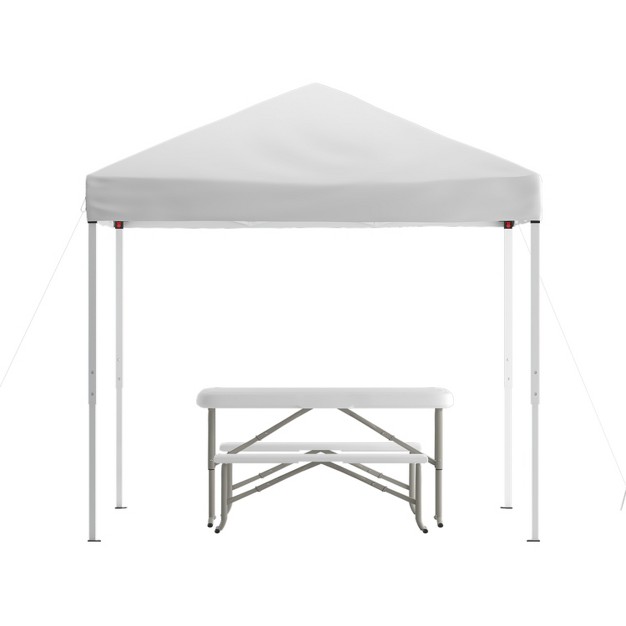 Flash Furniture 8 x27 x8 x27 Pop Up Event Canopy Tent With Carry Bag And Folding Bench Set Portable Tailgate Camping Event Set