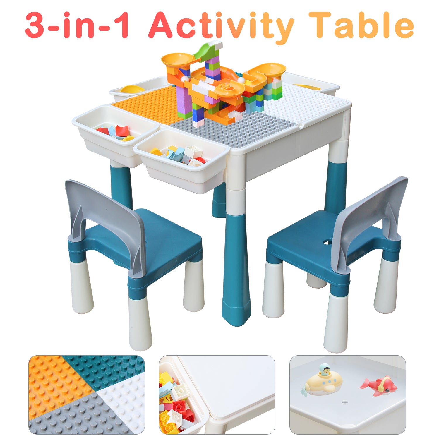 KORIMEFA Multi Kids Activity Table Chairs Set with 120pcs Building Blocks, Activity Play Table Set Compatible Blocks Toys for Boy Girl Toddler