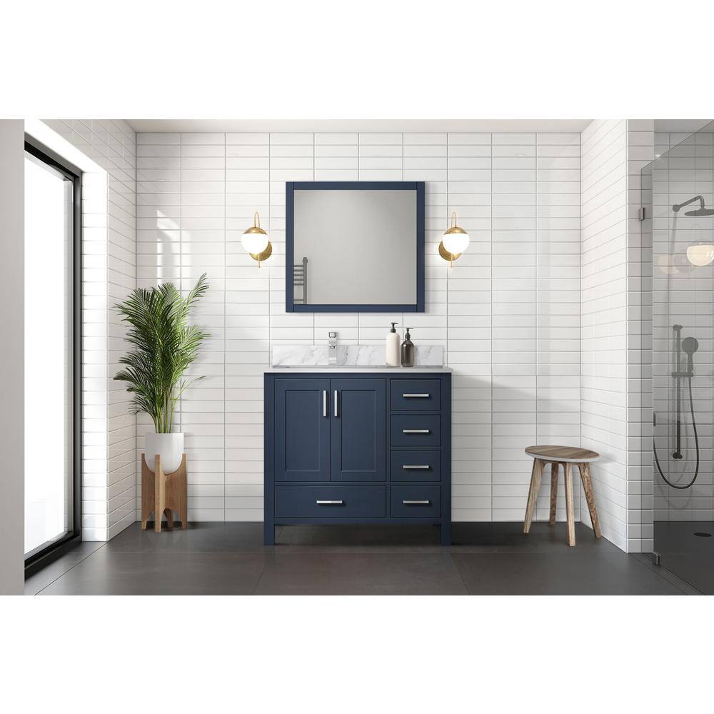 Lexora Jacques 36 in. W x 22 in. D Left Offset Navy Blue Bath Vanity Carrara Marble Top and 34 in. Mirror LJ342236SEDSM34L