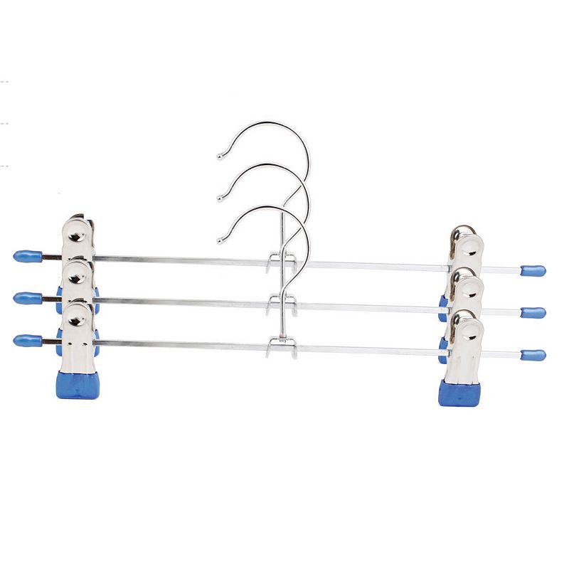 Home Silver Tone Blue Metal 2 Clips Clamps Clothes Pants Hanger Hook 3Pcs