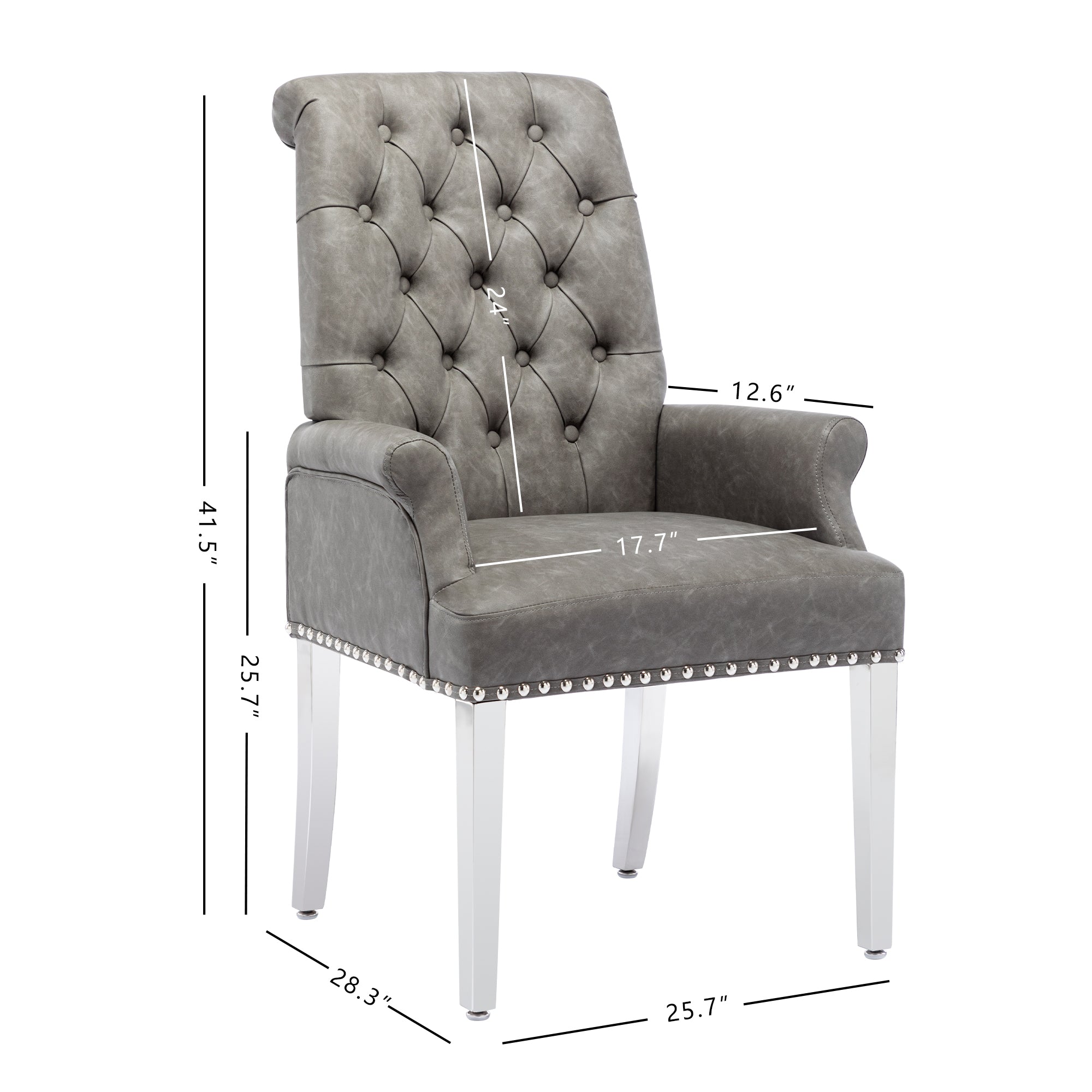 Foredo Upholstered Dining Chairs with Arms， Modern PU Dining Chairs with Metal Legs and Button Tufted Back， PU Gray