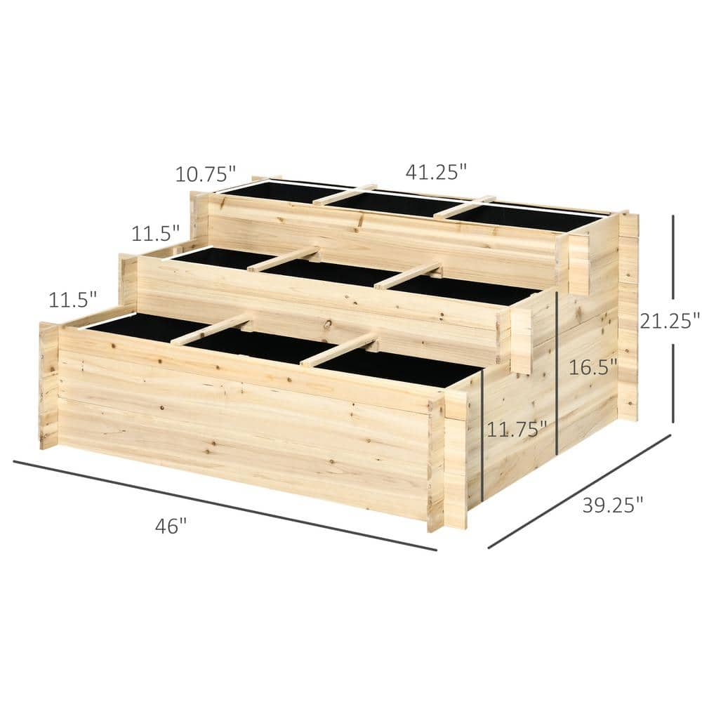 Outsunny Outdoor 46 in. W Natural Wood 3 Tier Raised Garden Bed with 9 Grow Grids and Non-woven Fabric 845-581