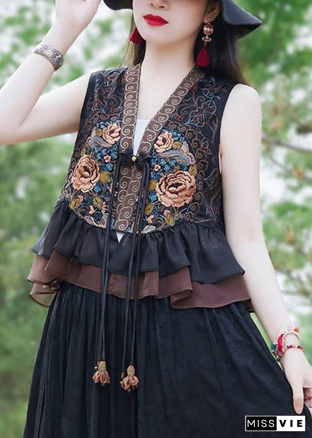 Women Black Ruffled Tasseled Patchwork Silk Waistcoat Sleeveless