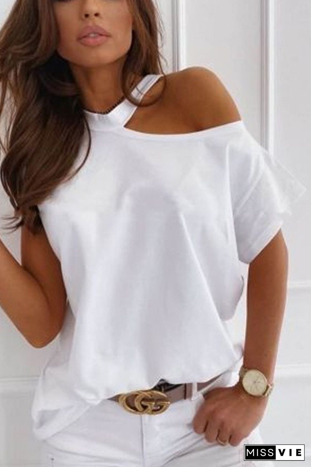 White Solid Color Off Shoulder Short Sleeve Tee