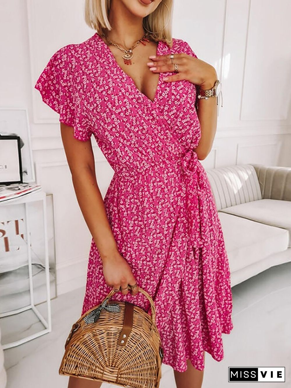 Women V-neck Floral Print Short Sleeved Short Dress Summer Lace-up Waist A-line Boho Slim Mini Dress Elegant Female Clothes