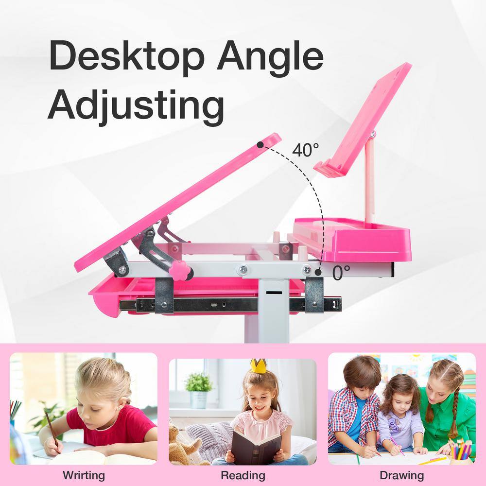 TOBBI Kids Desk and Chair Set Height Adjustable Children Study Workstation with Tilted Desktop Book Stand and Storage TH17S0763