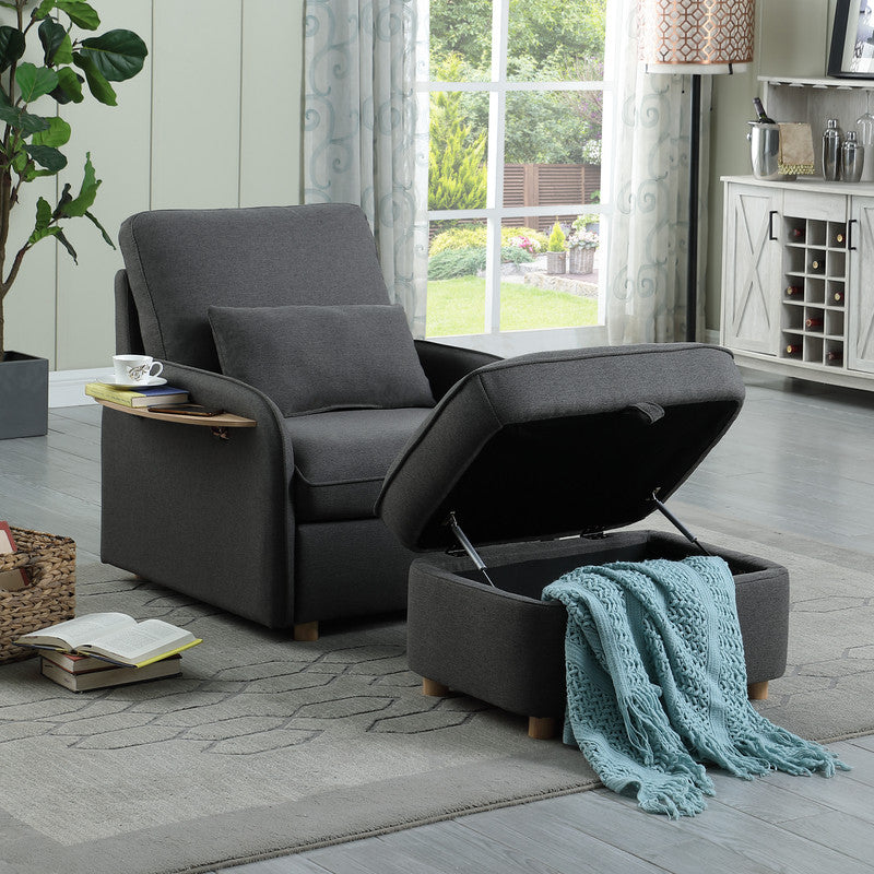 Huckleberry Dark Gray Linen Accent Chair with Storage Ottoman and Folding Side Table