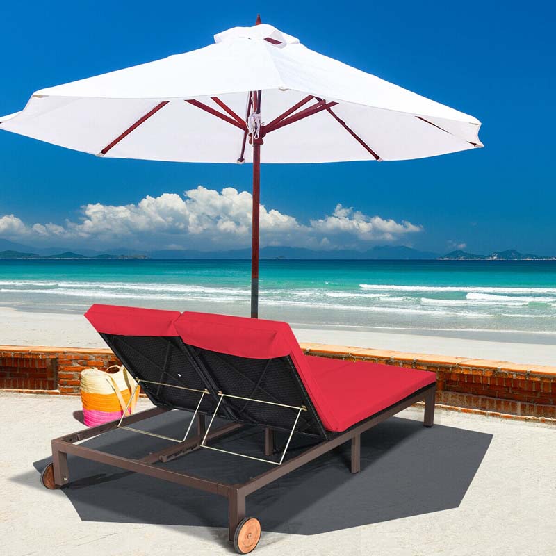 2-Person Rattan Patio Daybed Double Outdoor Chaise Lounge Chair with Adjustable Backrest, Wheels & Cushion