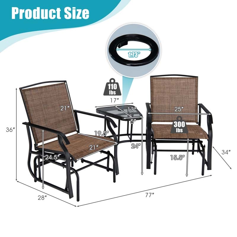 2-Person Double Swing Glider Chair Sling Fabric Porch Rocker with Glass Table & 1.73