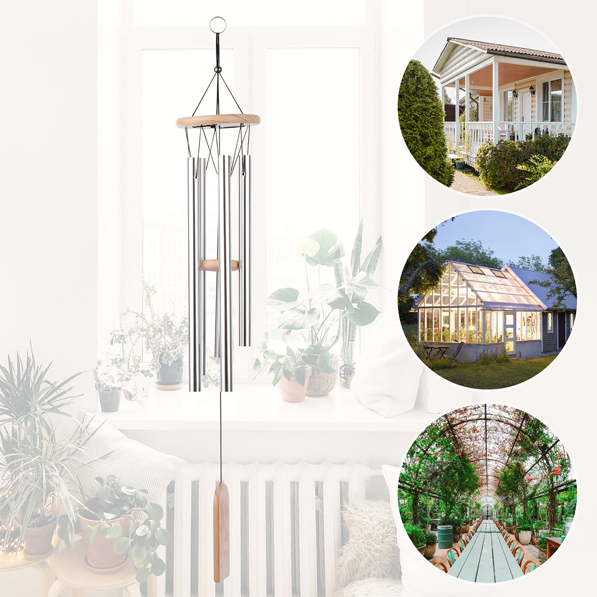 29'' Wooden Hanging Wind Chimes with 6 Aluminum Tubes， Window Wind Bells Outdoor Indoor Home Decoration Christmas Gift