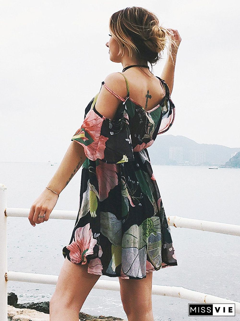 Lace Floral Printed Short Sleeve Mini Dress