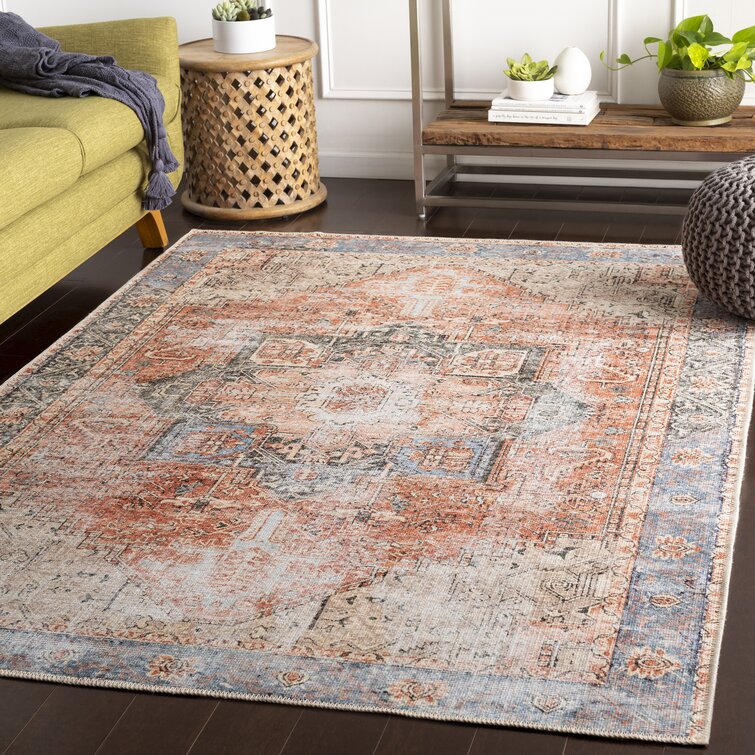 Mya Machine Washable Oriental Brick Red/Light Gray Area Rug