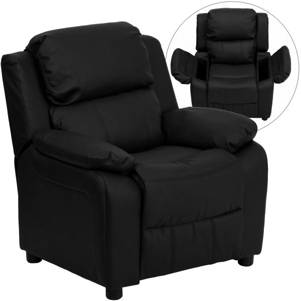 Charlie Deluxe Padded Contemporary Black LeatherSoft Kids Recliner with Storage Arms