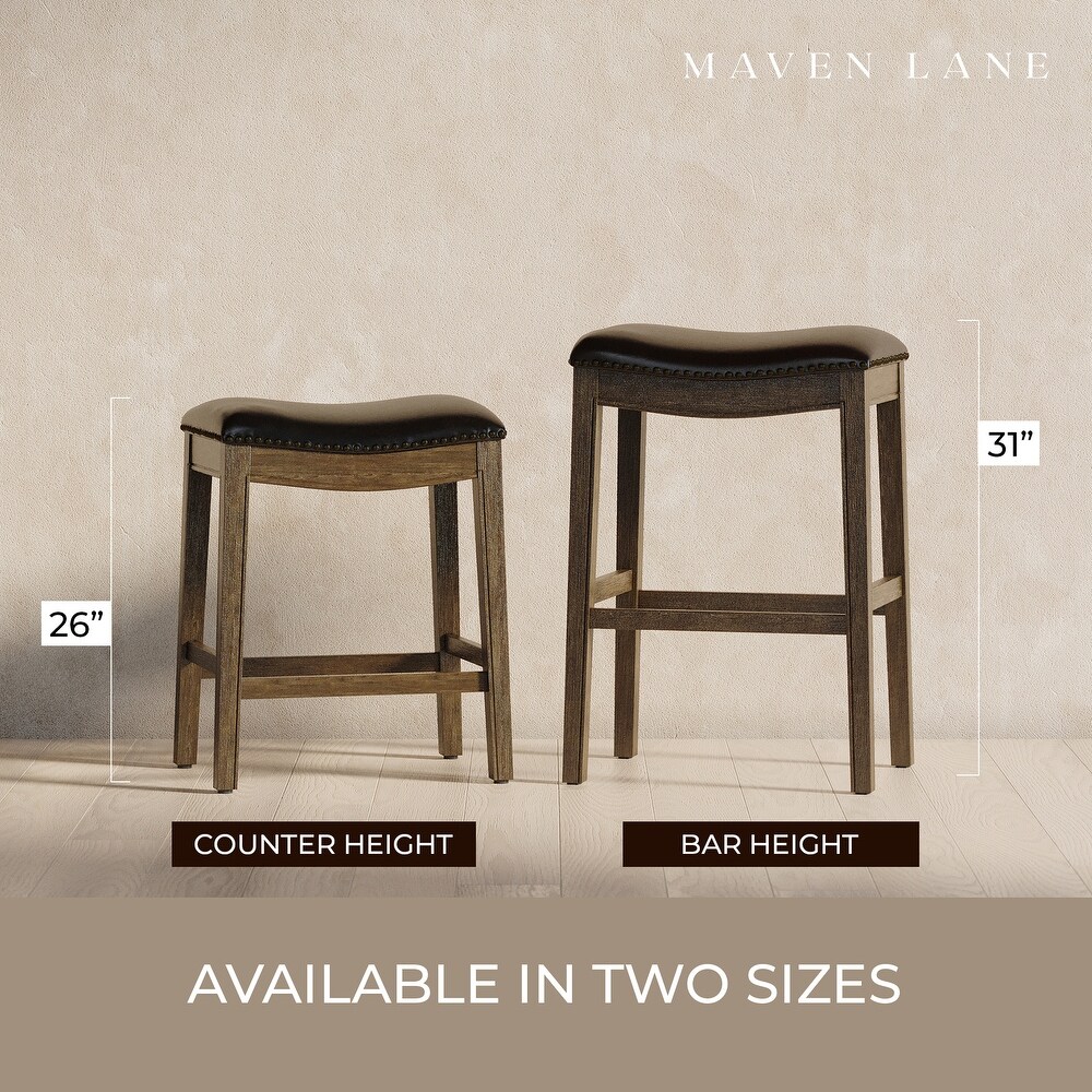 Maven Lane Adrien Saddle Counter Stool in Walnut Finish w/ Marksman Saddle Vegan Leather   Brown   Counter   26\