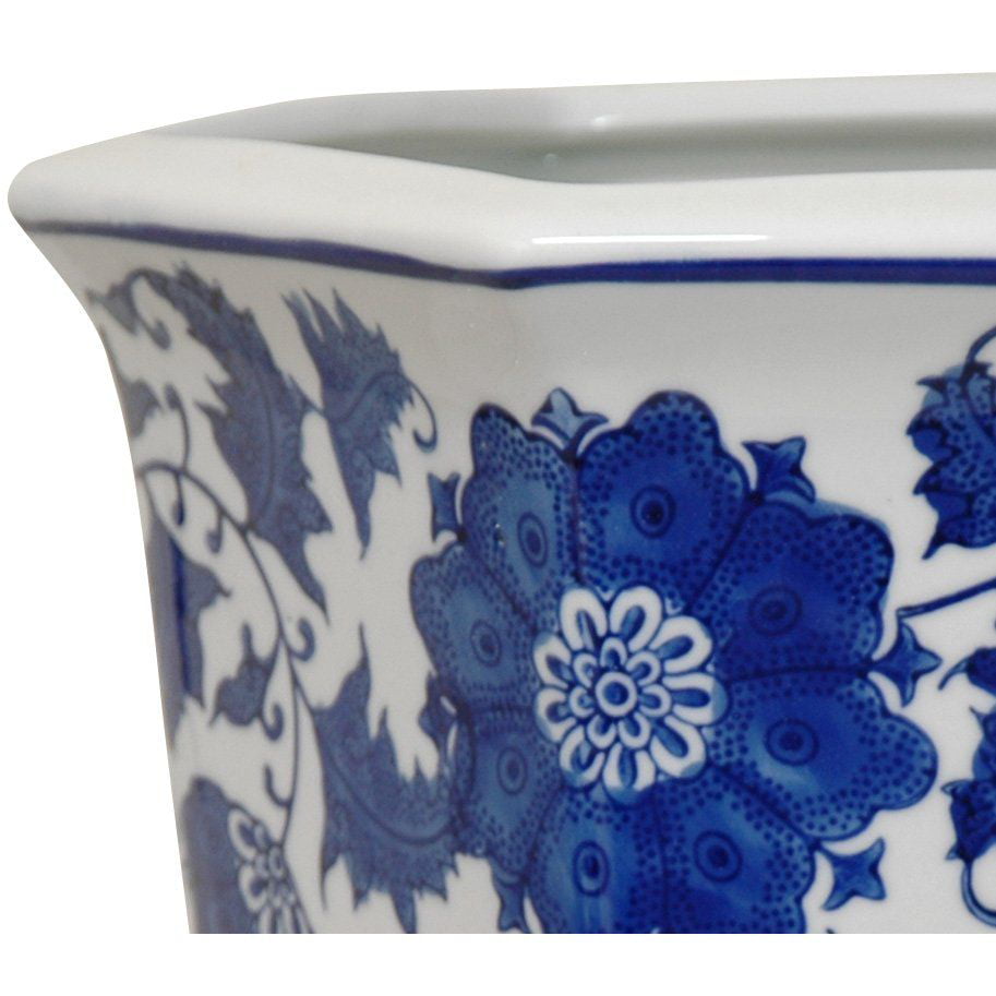 Oriental Furniture 10" Floral Blue & White Porcelain Flower Pot