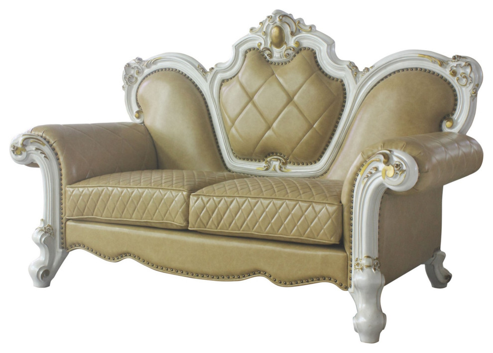 Leatherette Loveseat With Diamond Stitching And Carvings  White And Beige   Victorian   Loveseats   by VirVentures  Houzz