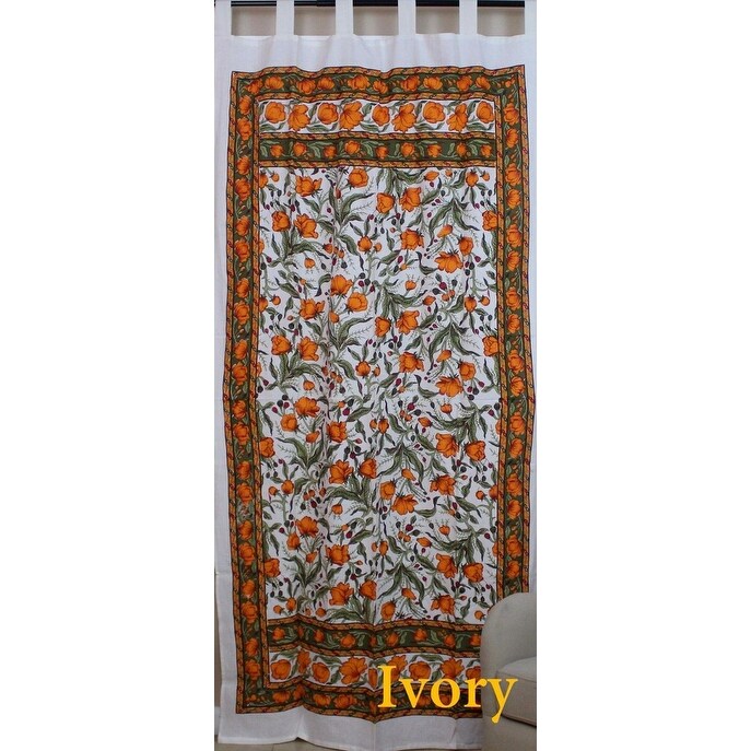 Handmade French Floral Tab Top Curtain 100% Cotton Drape Door Panel in Ivory Blue Black Amber   Violet   44 x 88