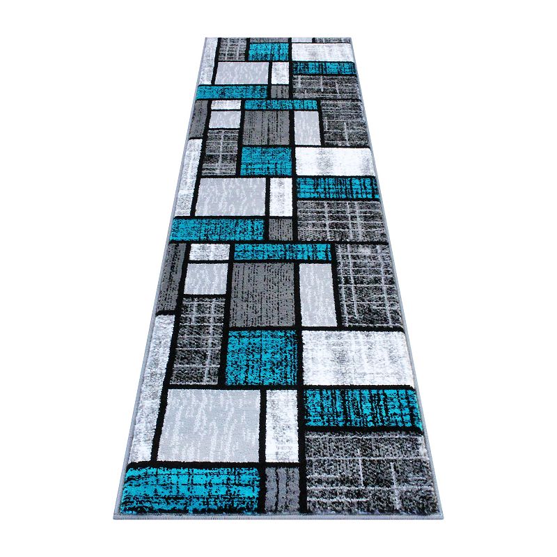 Masada Rugs Masada Rugs Stephanie Collection Design 1110 2'x7' Modern Contemporary Area Rug in Turquoise， Gray， Black and White