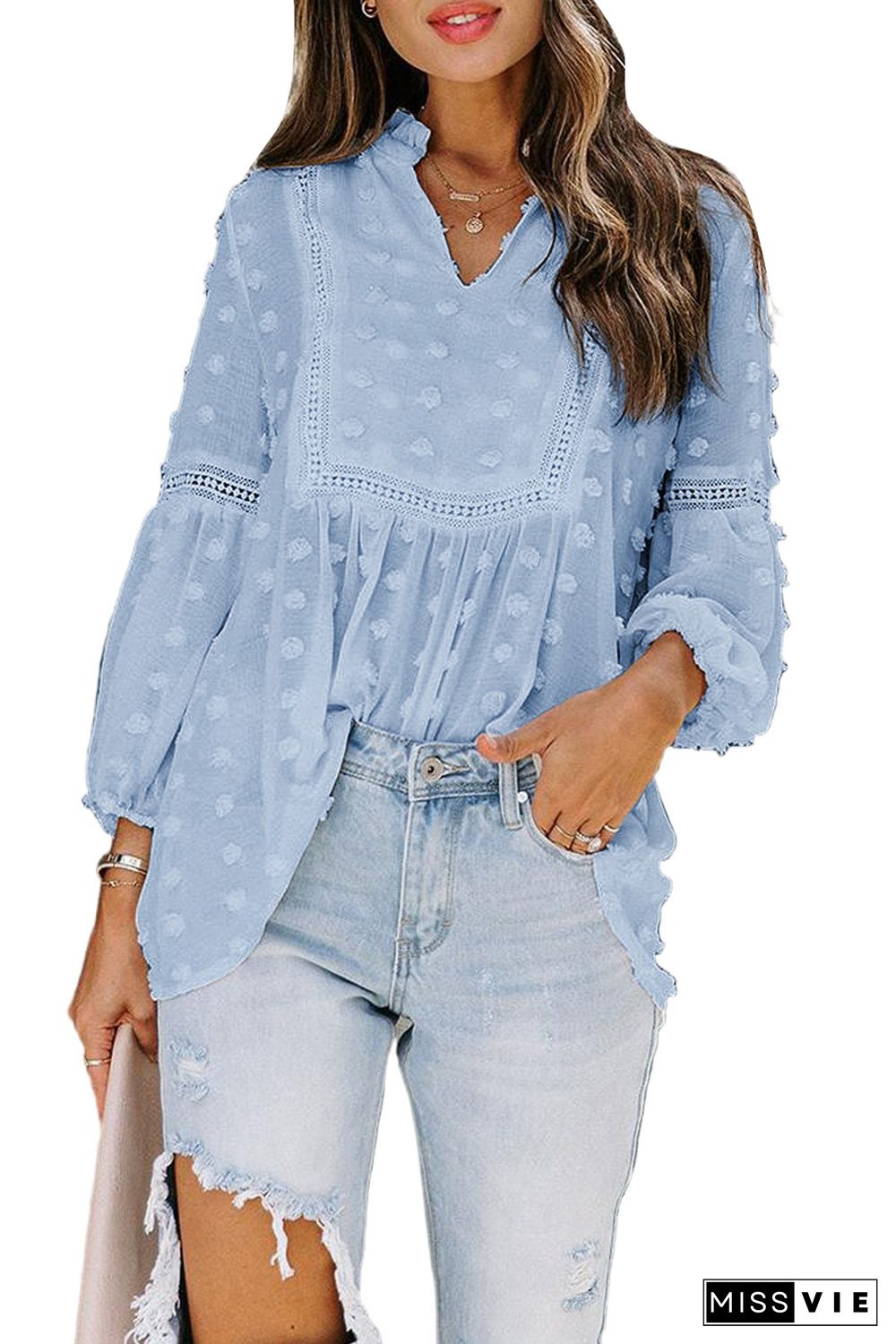 Blue Ruffled Split Neck Lace Hollow Out Puff Sleeve Polka Dot Blouse