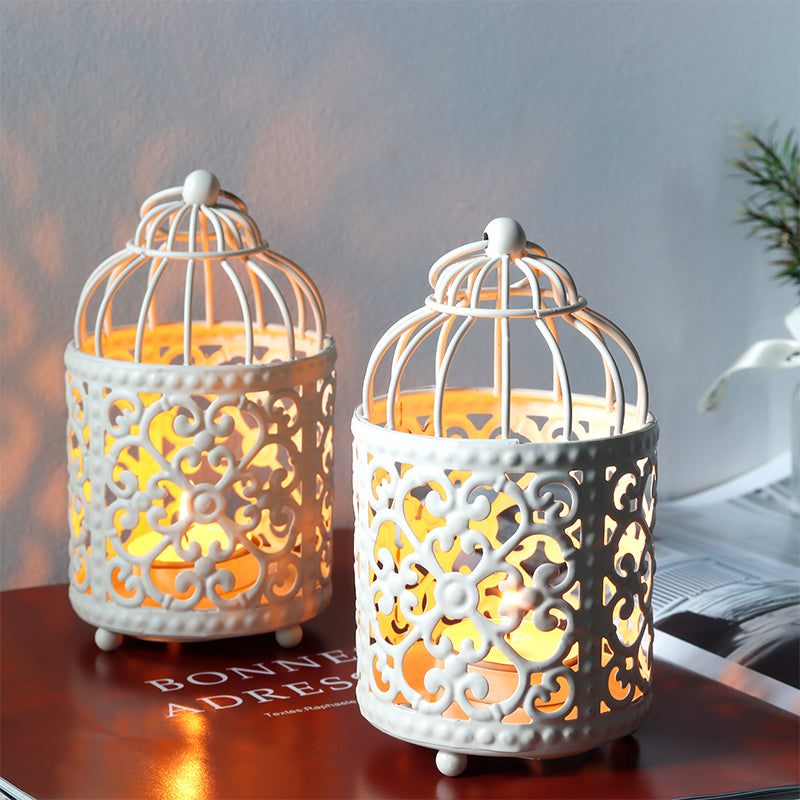 JHY DESIGN 2 Set of Small Metal Hollow Candle Stick Holder (White Birdcage)