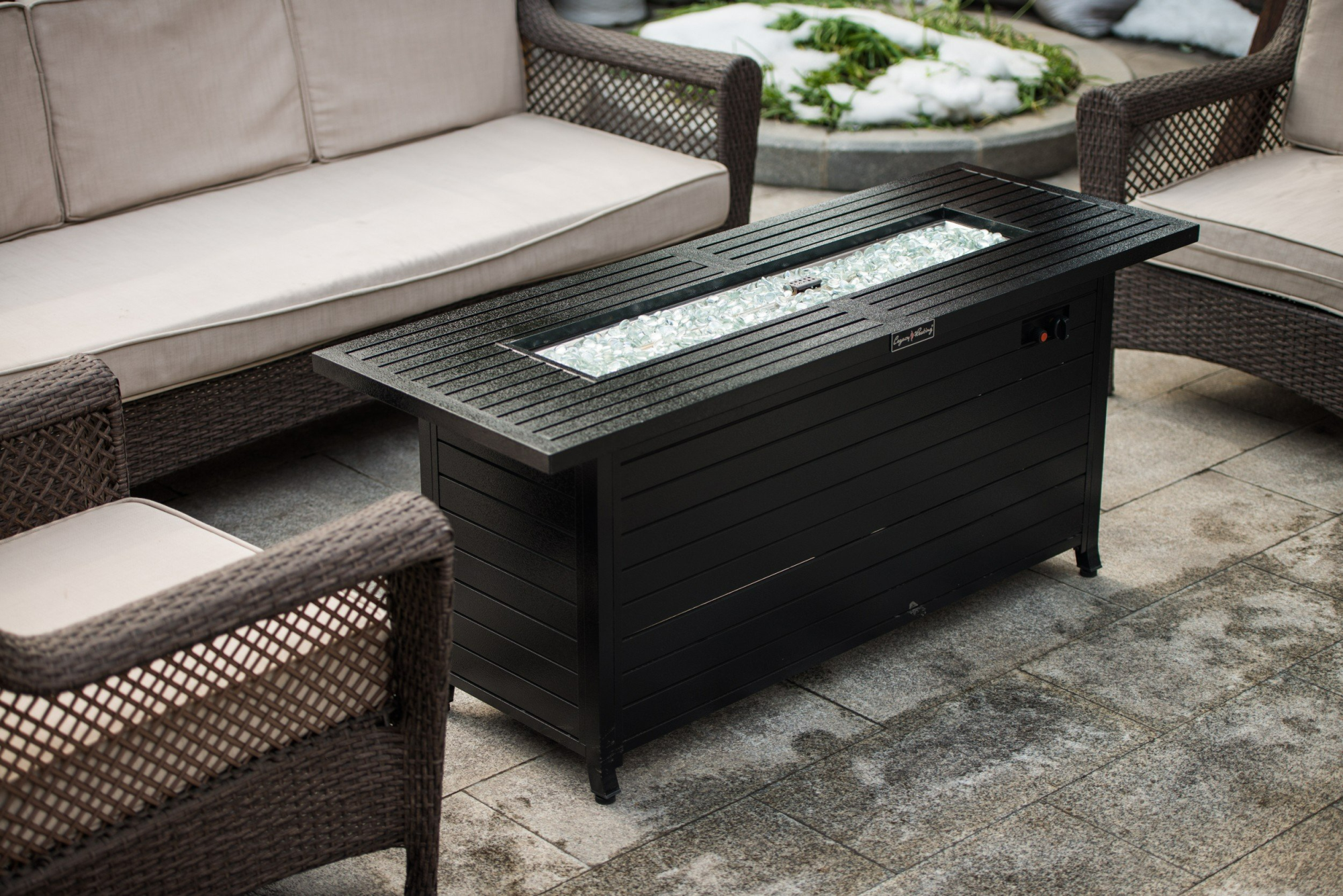 Sportaza 57in Outdoor Gas Propane Fire Pits Table, Aluminum, 50000BTU Firepit Fireplace Dinning Table with Lid, Fire Glass, Retangular, ETL Certification, for Garden Backyard Deck Patio-hammered blac