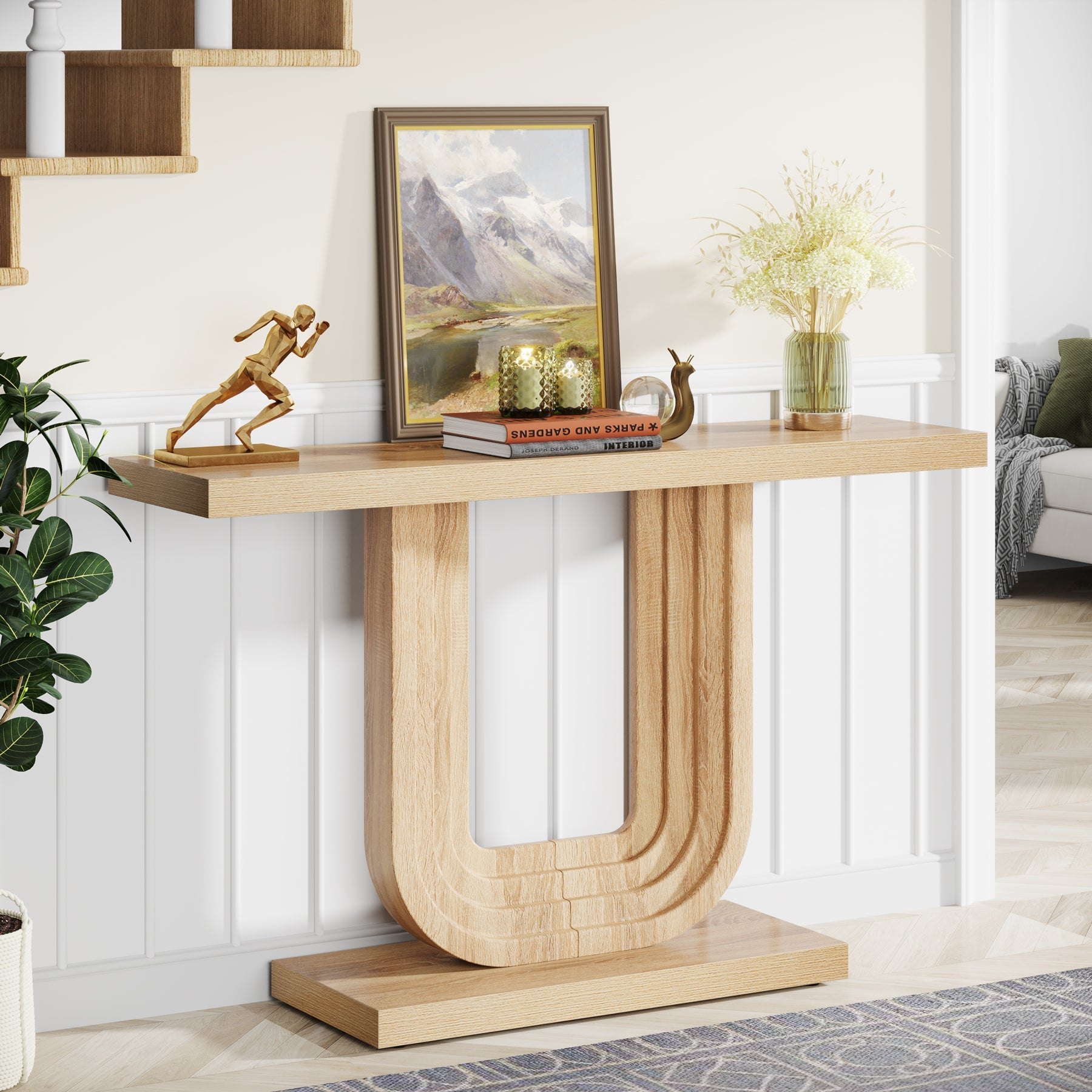 Farmhouse Console Table, 39 Wood  Entryway Table with Geometric Base