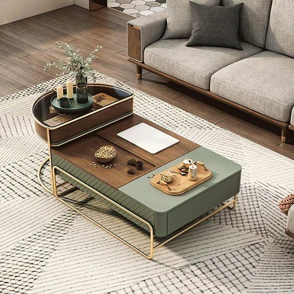 Lift-top Modern Nesting Coffee Table Set with Drawer， Tempered Glass Top Side Table