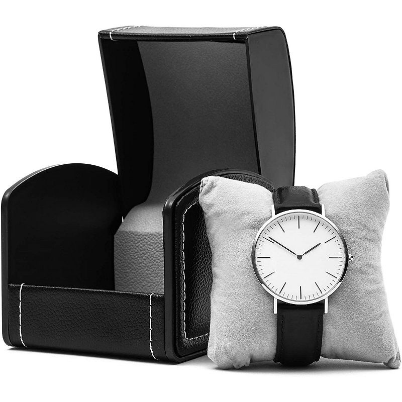 Single Grid Wrist Watch Box with Pillow (Black， Faux Leather)