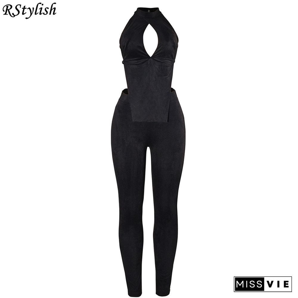 Suede Bandage Backless Hollow Out Tops Sexy Two Piece Pant Sets