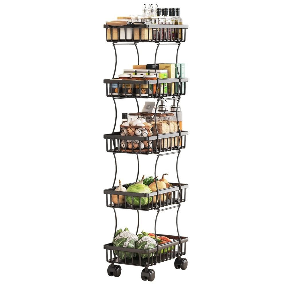 5 Tier Wire Basket Bins Storage Cart with Wheels for Kitchen