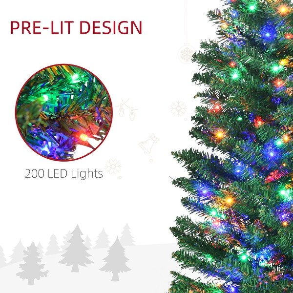 HOMCOM 7ft Tall Pencil Prelit Artificial Christmas Tree Holiday Décor with 499 Branches，180 Colorful LED Lights，Steel Base