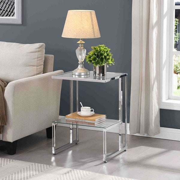 Grondin Contemporary Style 2-Tier End Table Sofa Side Table with Tempered Glass Shelves and Metal Frame