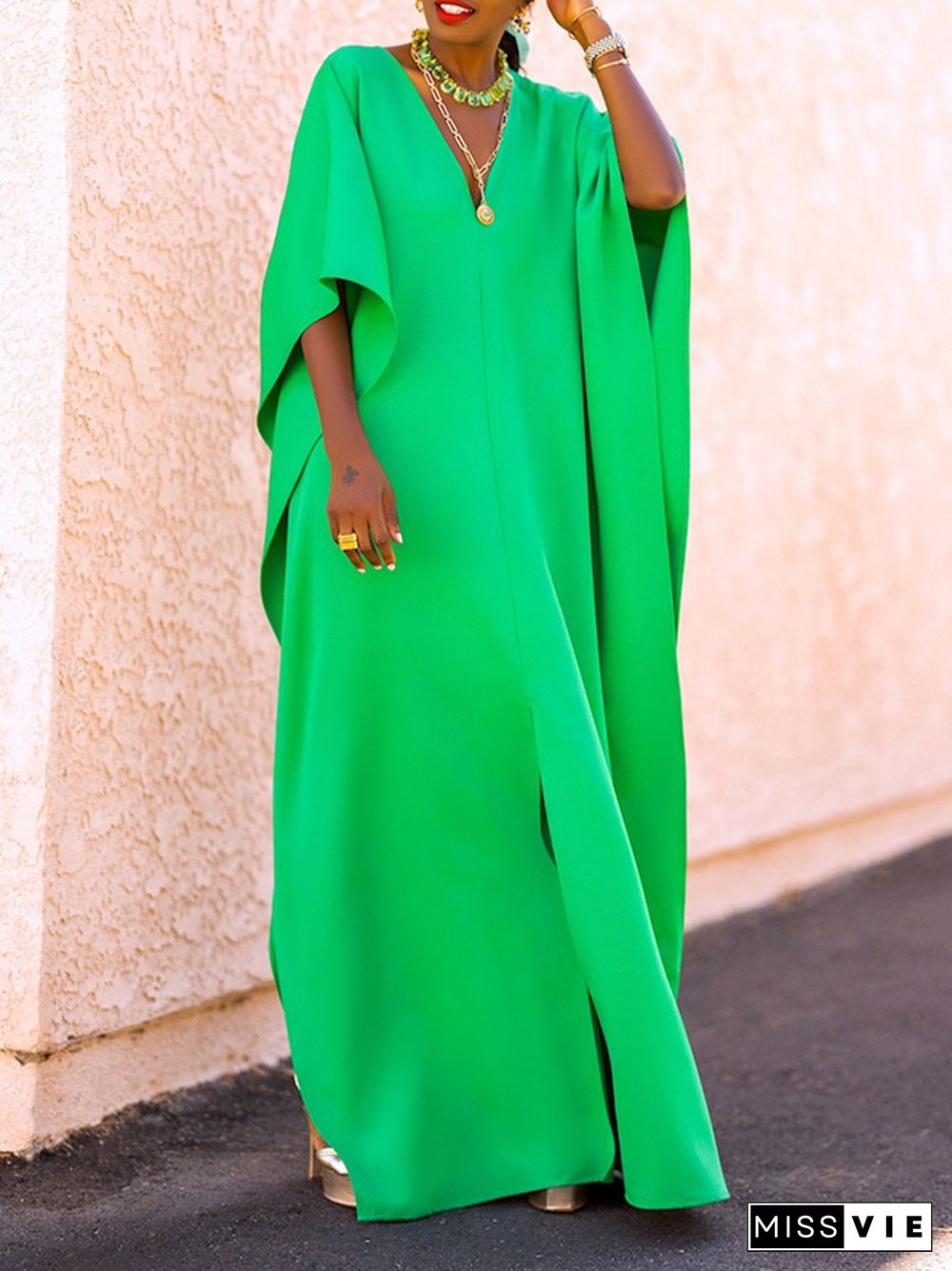 Batwing Sleeves Loose Solid Color Split-Side V-Neck Maxi Dresses