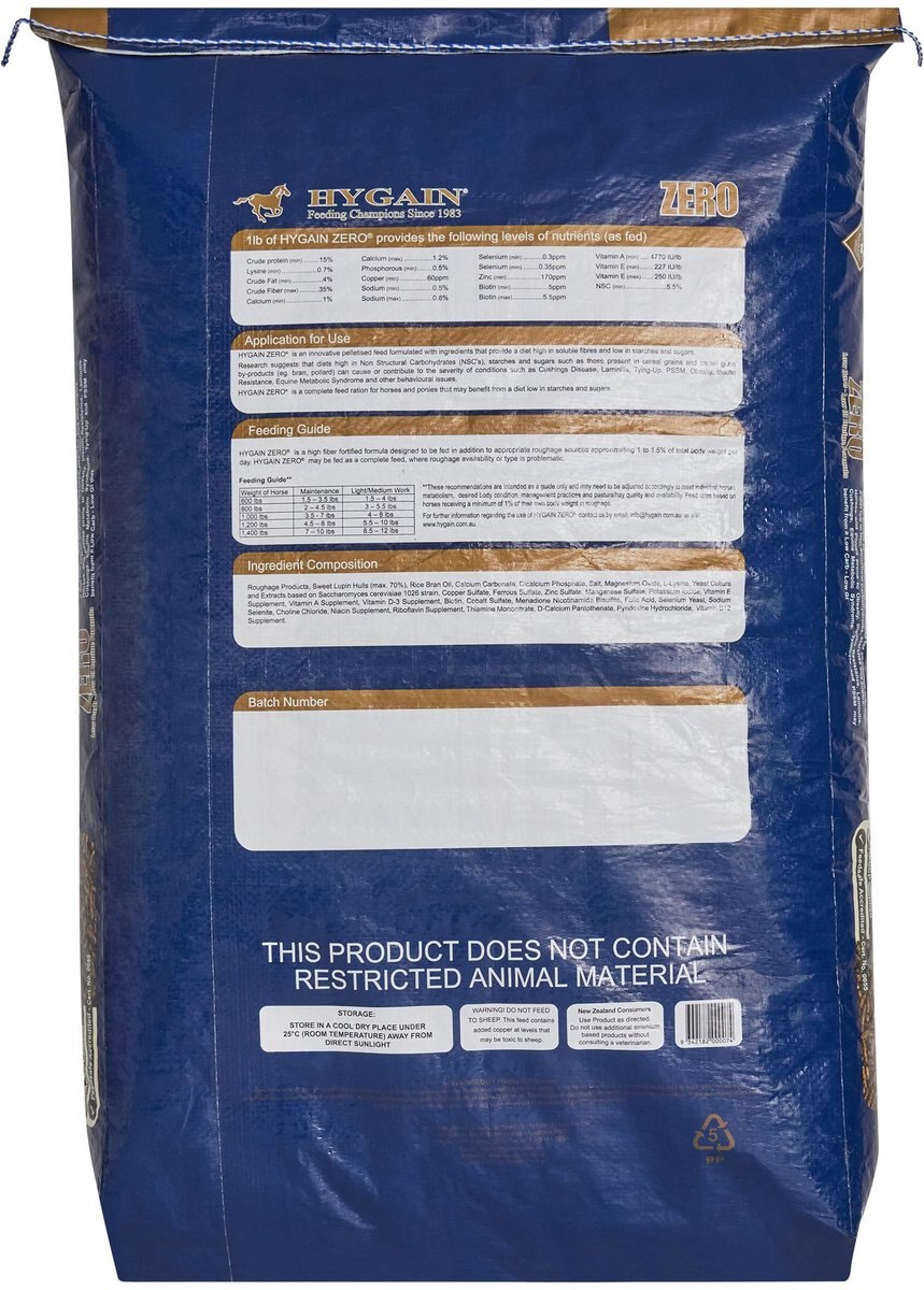 Hygain Zero Ultra-Low Starch and Cereal Grain Free Fully Fortified Horse Feed， 44-lb bag