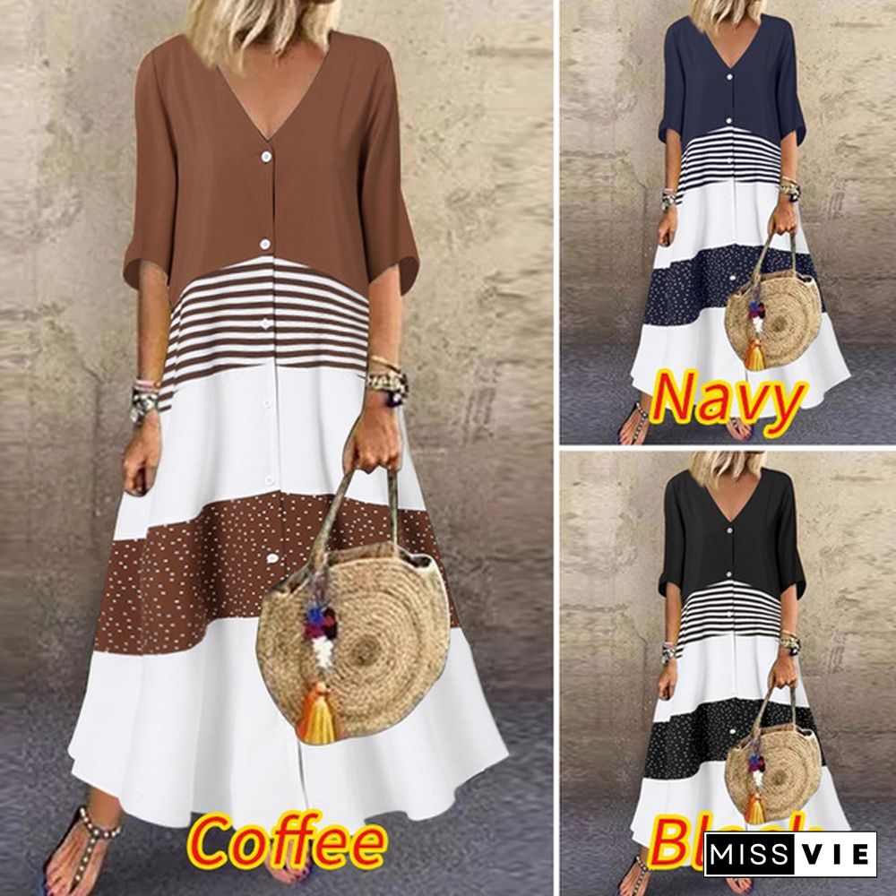 ZANZEA Women V Neck Casual Holiday Long Shirt Dress Bohemian Patchwork Summer Kaftan Maxi Sundress