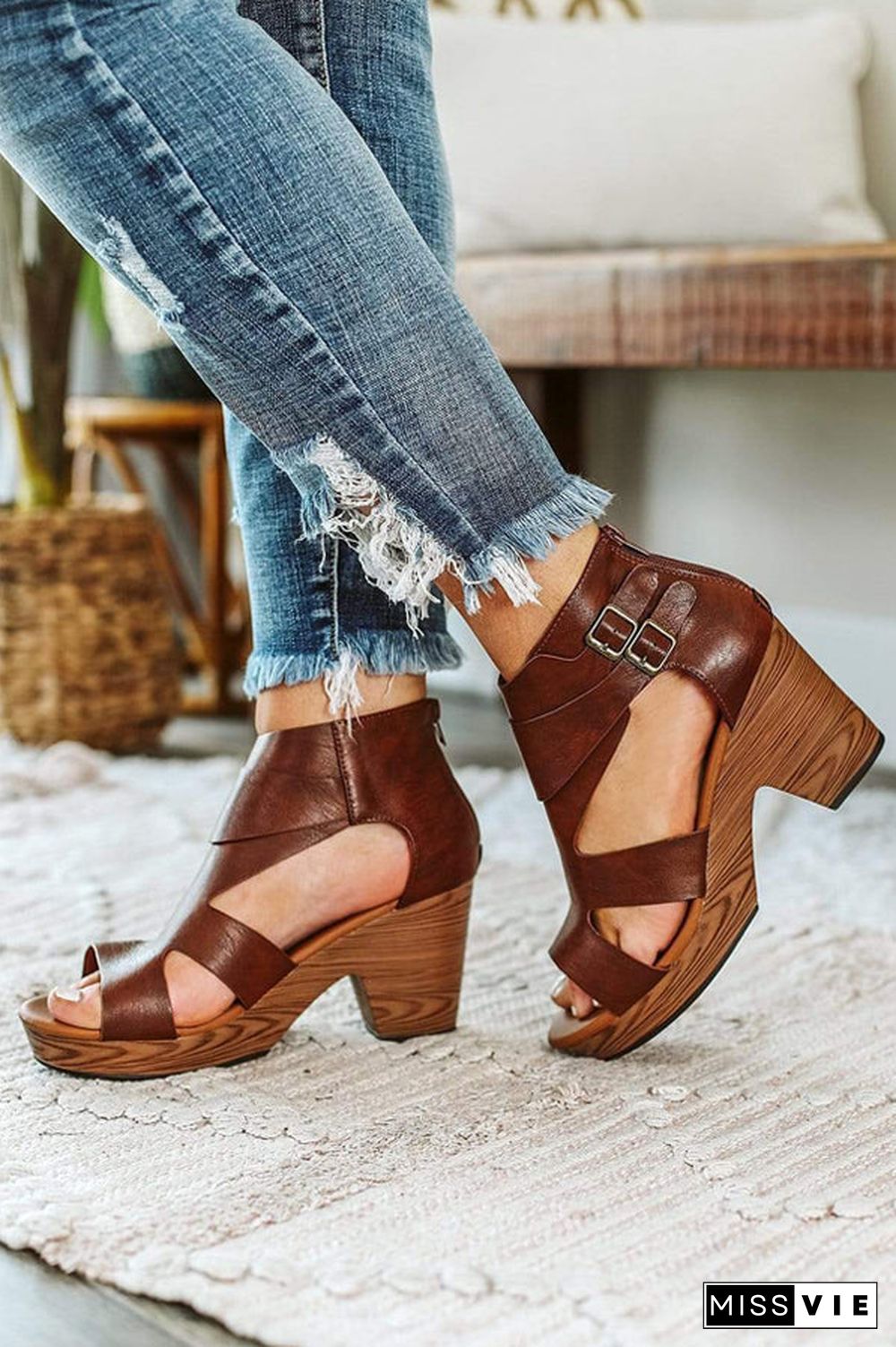 Chunky Heels Buckle Zipper Wedge Sandals