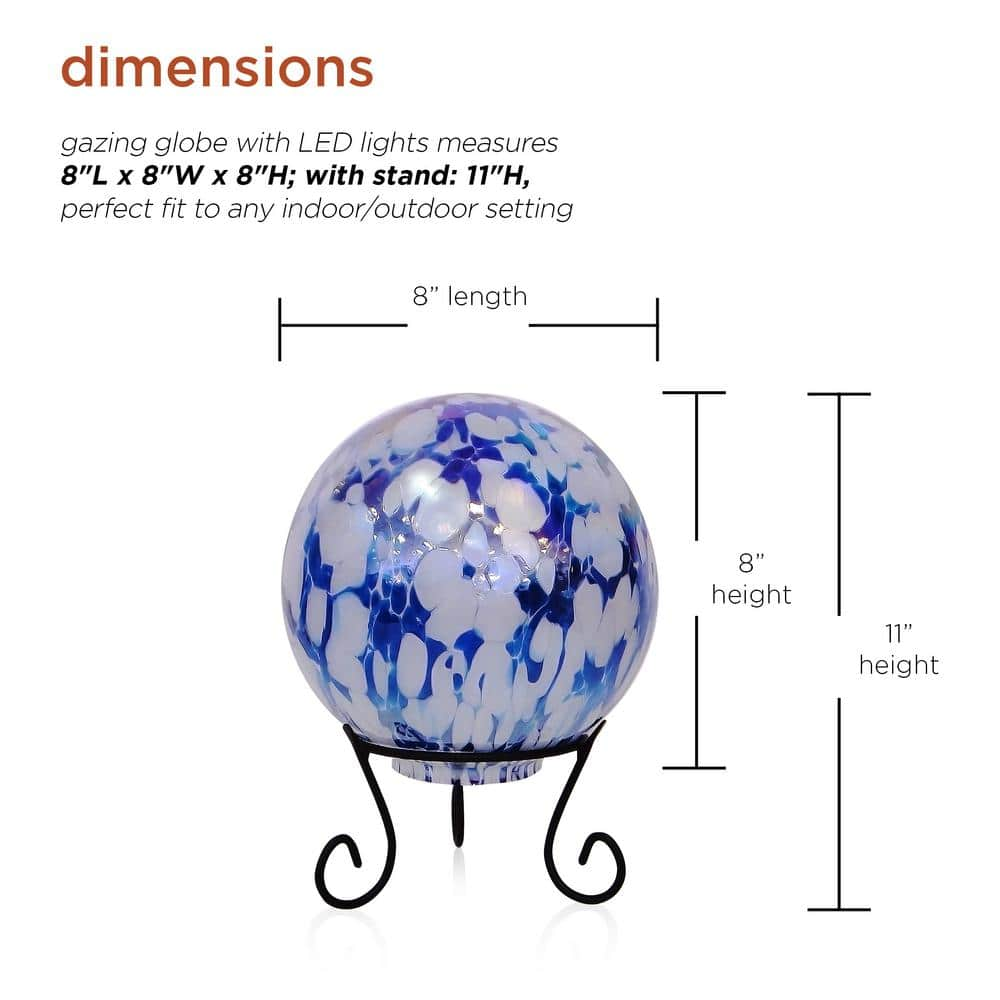 Alpine Corporation 8 in. Dia Indoor/Outdoor Glass Gazing Globe with LED Lights and Stand, Blue/White HGY308A-TM